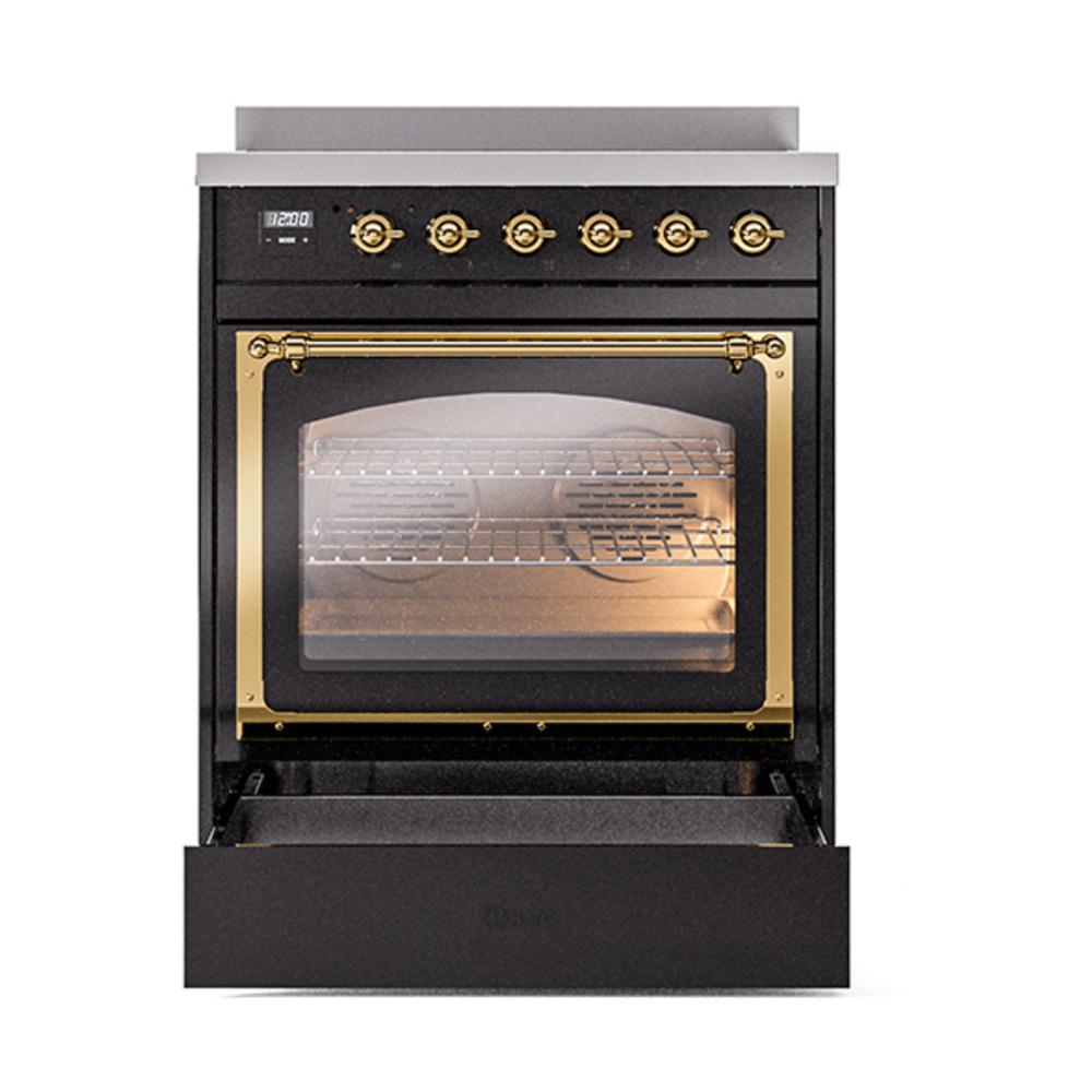 ILVE UNI304NMPBKG Nostalgie II Noblesse 30 inch Induction Range (Triple Glass Door, Glossy Black, Brass)