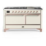 ILVE UM60FQNR3AWPLP Majestic III 60 inch Dual Fuel Range with 9 Burners and Griddle, Dual Function Burner up to 25,000 BTU (Liquid Propane, Solid Door, Antique White, Copper)