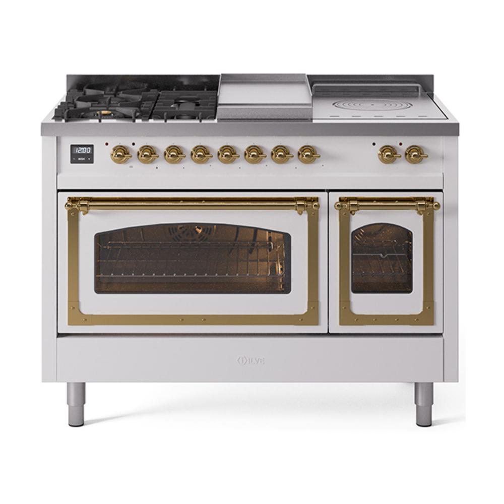 ILVE UN48FSNMPWHG Nostalgie II Noblesse 48 inch Dual Fuel Range (5 Sealed Burners + Griddle + French Top, Natural Gas, Triple Glass Door, White, Brass)