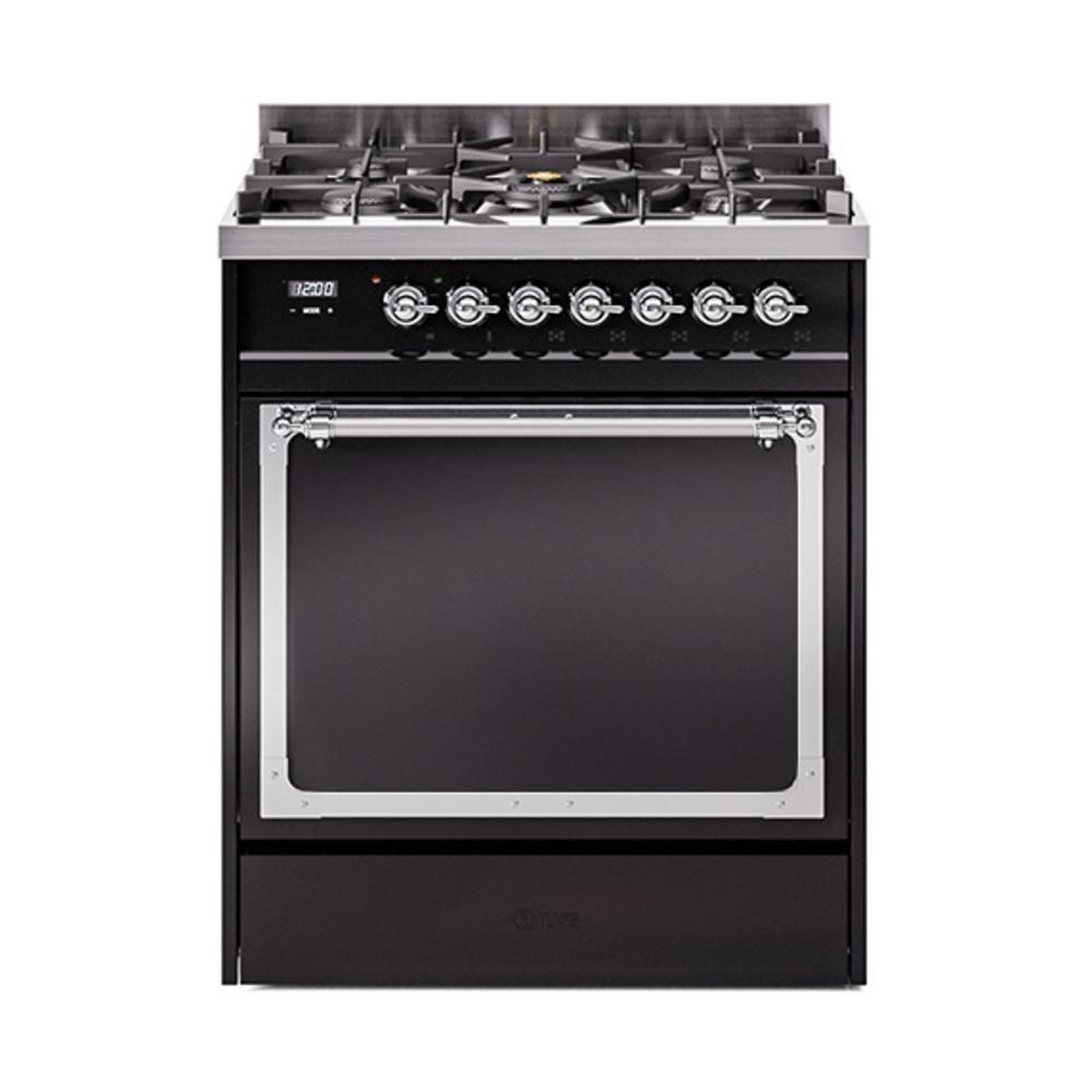 ILVE UN30QNMPBKC Nostalgie II Noblesse 30 inch Dual Fuel Range (Natural Gas, Solid Door, Glossy Black, Chrome)