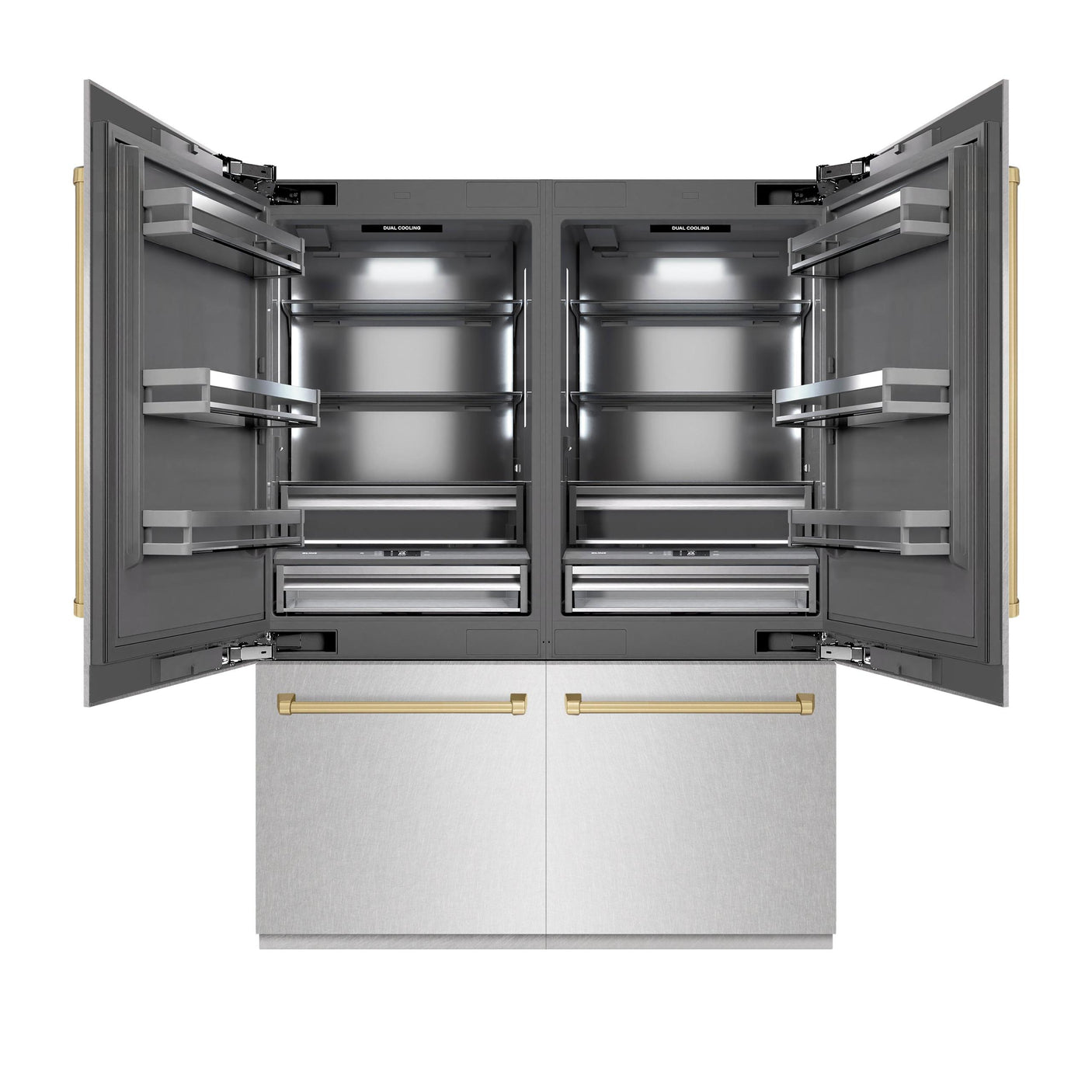 ZLINE Autograph Edition 60 in. 32.2 cu. ft. French Door Built-In Bottom Freezer Refrigerator with Water Dispenser and Ice Maker in DuraSnow' Stainless Steel with Graphite Gray Interior and Champagne Bronze Accents (GRBIVZ-SN-60-CB)