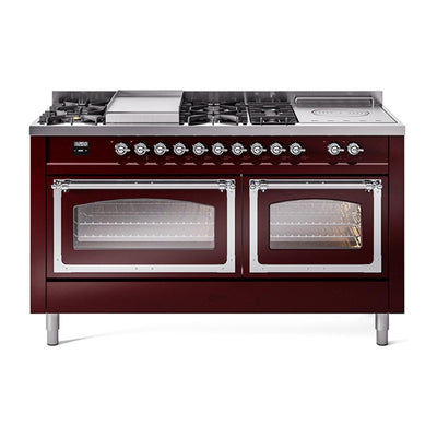 ILVE UN60FSNMPBUCLP Nostalgie II Noblesse 60 inch Dual Fuel Range (7 Sealed Burners + Griddle + French Top, Liquid Propane, Triple Glass Door, Burgundy, Chrome)