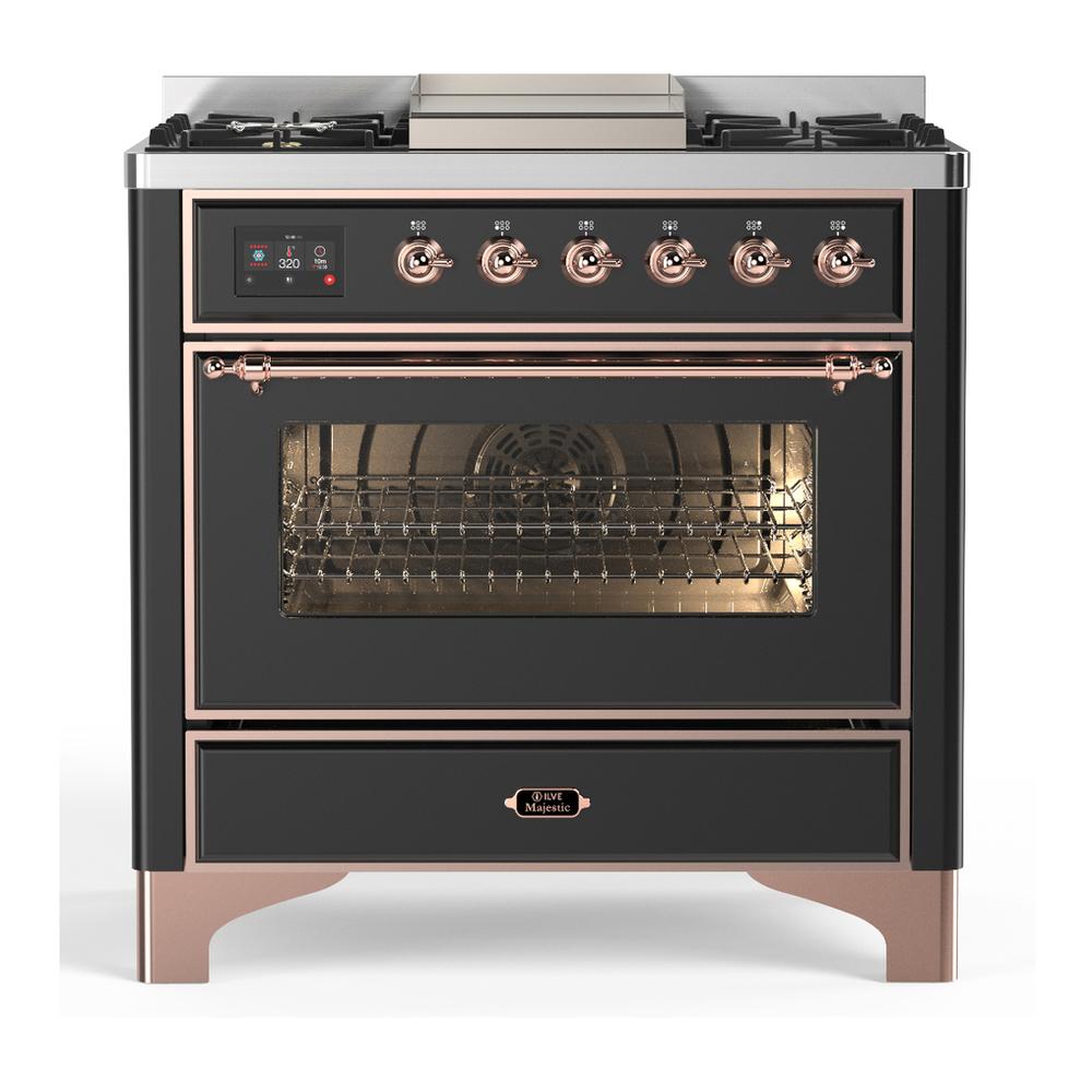 ILVE UM36FNR3MGPLP Majestic III 36 inch Dual Fuel Range with 6 Black Brass Burners and Griddle, Dual Function Burner up to 25,000 BTU (Triple Glass Door, Graphite Matte, Copper, Liquid Propane)