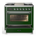 ILVE UM36FNR3EGC Majestic III 36 inch Dual Fuel Range with 6 Black Brass Burners and Griddle, Dual Function Burner up to 25,000 BTU (Triple Glass Door, Emerald Green, Chrome, Natural Gas)