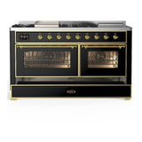 ILVE UM60FSNR3BKGLP Majestic III 60 inch Dual Fuel Range with 7 Burners, Griddle and French Top, Dual Function Burner with up to 25,000 BTU (Liquid Propane, Triple Glass Door, Glossy Black, Brass)