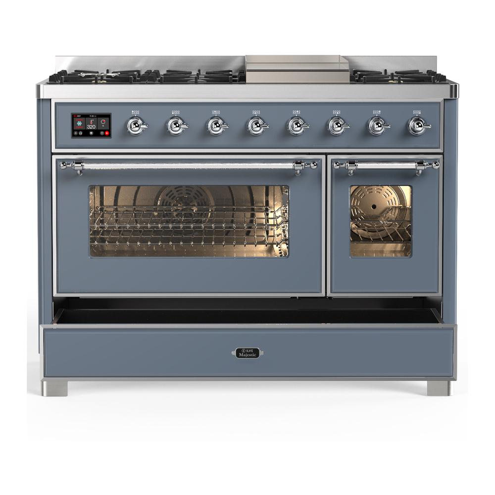 ILVE UM48FNR3BGC Majestic III 48 inch Dual Fuel Range with 8 Burners and Griddle, Dual Function Burner up to 25,000 BTU (Natural Gas, Triple Glass Door, Blue Grey, Chrome)