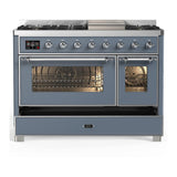 ILVE UM48FNR3BGC Majestic III 48 inch Dual Fuel Range with 8 Burners and Griddle, Dual Function Burner up to 25,000 BTU (Natural Gas, Triple Glass Door, Blue Grey, Chrome)