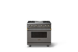36"W. Sealed Burner Gas Range (Burner: 4g, Finish: Damascus Gray, Trim: Brushed Brass, Fuel: Propane)