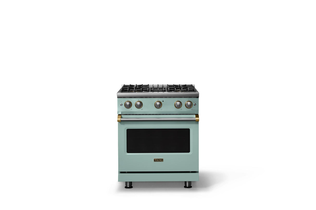 30"W. Sealed Burner Gas Range (Finish: Splash, Trim: Brushed Brass, Fuel: Natural Gas)
