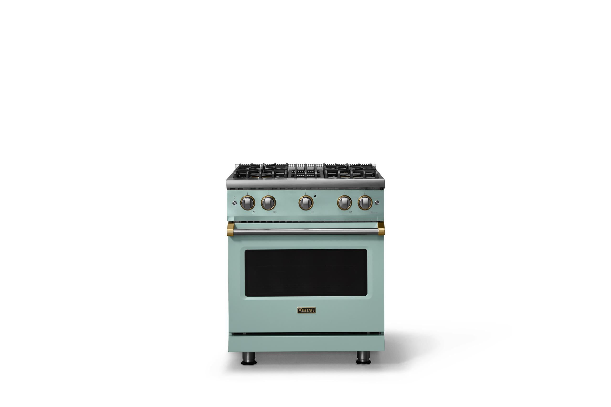30"W. Sealed Burner Gas Range (Finish: Splash, Trim: Brushed Brass, Fuel: Natural Gas)