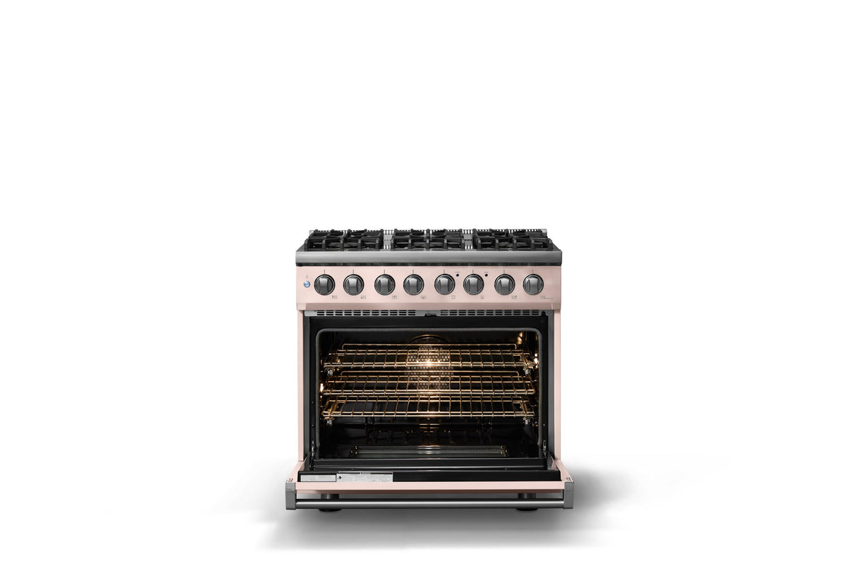 36"W. Dual Fuel Range (Burner: 6b, Finish: Blush, Trim: Polished Chrome, Fuel: Natural Gas)