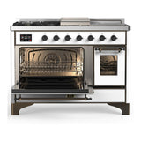 ILVE UM48FSNR3WHBLP Majestic III 48 inch Dual Fuel Range with 5 Black Brass Burners, Griddle and French Top, Dual Function Burner up to 25,000 BTU (Liquid Propane, Triple Glass Door, White, Burnished)