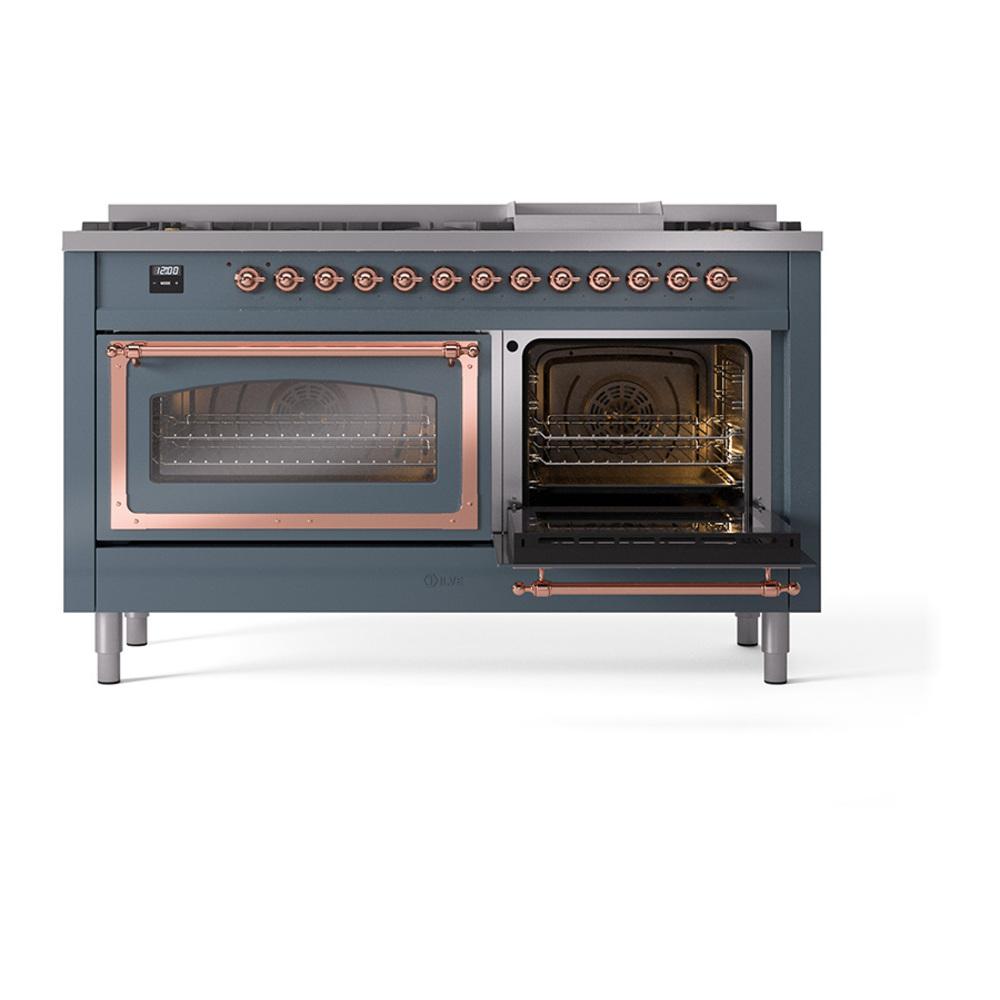 ILVE UN60FNMPBGPLP Nostalgie II Noblesse 60 inch Dual Fuel Range (9 Sealed Burners + Griddle, Liquid Propane, Triple Glass Door, Blue Grey, Copper)