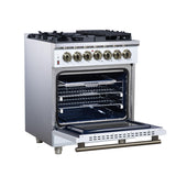 Forno Massimo 30 Inch Freestanding Dual Fuel Range in White with Antique Brass Accessories, 4 Burners, 4.32 cu. ft. Convection Oven