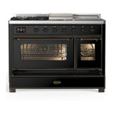 ILVE UM48FSNR3BKBLP Majestic III 48 inch Dual Fuel Range with 5 Black Brass Burners, Griddle and French Top, Dual Function Burner up to 25,000 BTU (Liquid Propane, Triple Glass Door, Glossy Black, Burnished)