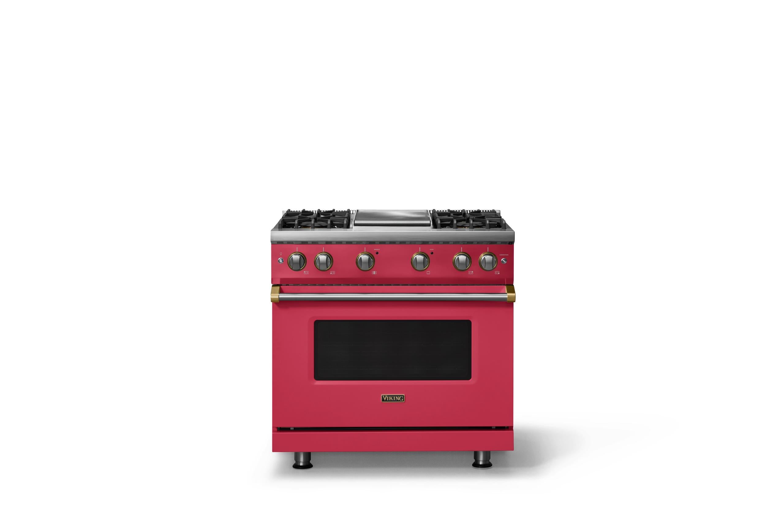 36"W. Sealed Burner Gas Range (Burner: 4g, Finish: Valentine, Trim: Brushed Brass, Fuel: Propane)