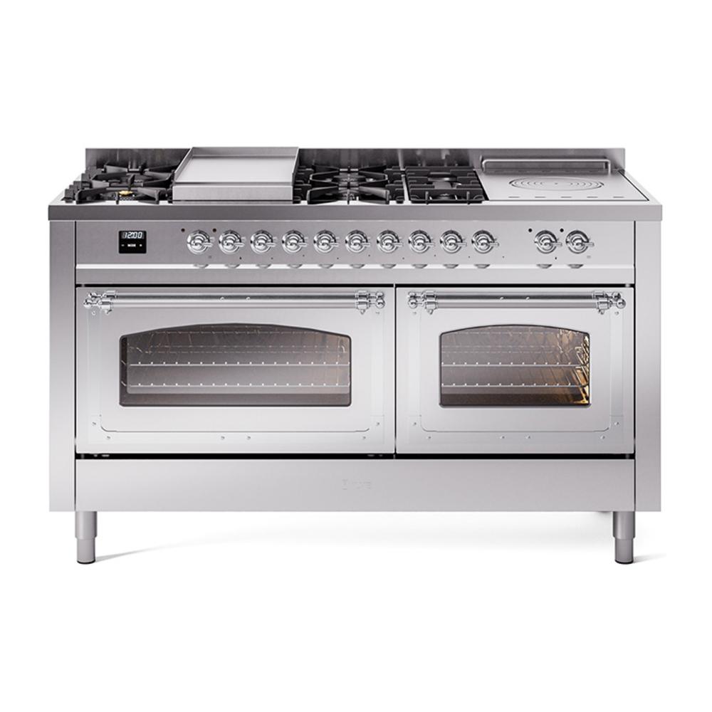 ILVE UN60FSNMPSSCLP Nostalgie II Noblesse 60 inch Dual Fuel Range (7 Sealed Burners + Griddle + French Top, Liquid Propane, Triple Glass Door, Stainless Steel, Chrome)