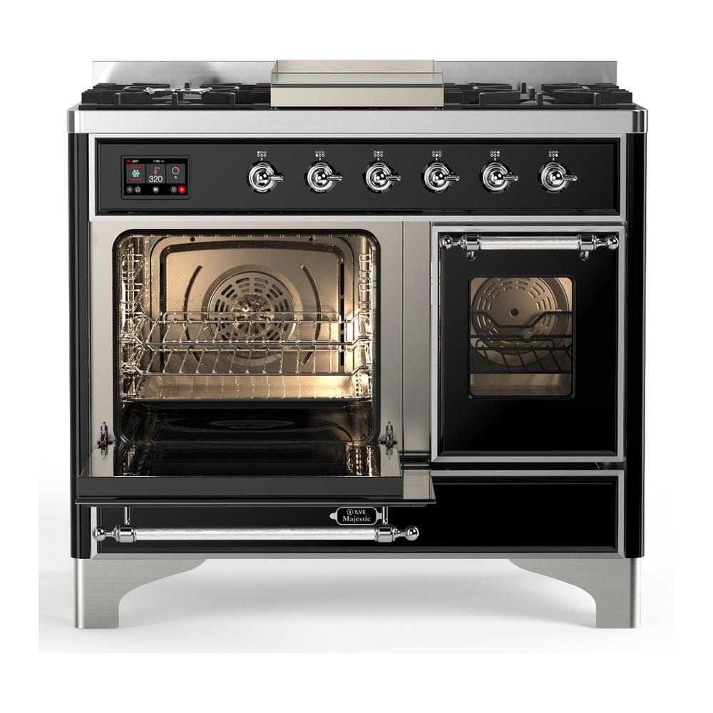 ILVE UMD40FNR3BKC Majestic III 40 inch Dual Fuel Range with 6 Burners and Griddle, Dual Function Burner up to 25,000 BTU (Natural Gas, Triple Glass Door, Glossy Black, Chrome)