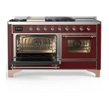 ILVE UM60FSNR3BUP Majestic III 60 inch Dual Fuel Range with 7 Burners, Griddle and French Top, Dual Function Burner with up to 25,000 BTU (Natural Gas, Triple Glass Door, Burgundy, Copper)