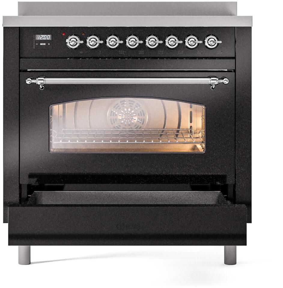Nostalgie II 36 Inch Electric Freestanding Range in Glossy Black with Chrome Trim