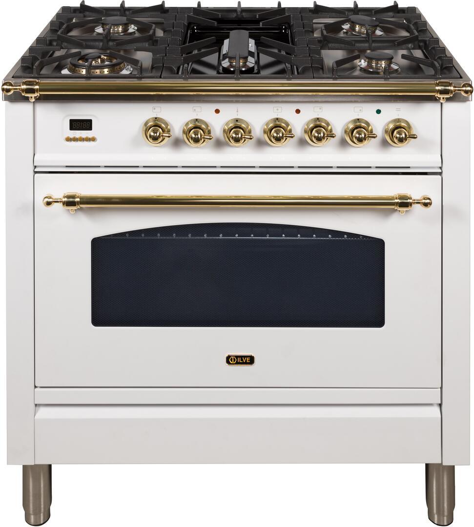 Nostalgie 36 Inch Gas Natural Gas Freestanding Range in White with Brass Trim