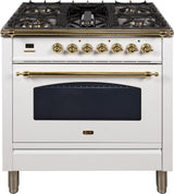 Nostalgie 36 Inch Gas Natural Gas Freestanding Range in White with Brass Trim