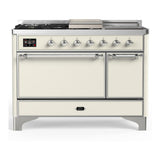 ILVE UM48FSQNR3AWCLP Majestic III 48 inch Dual Fuel Range with 5 Black Brass Burners, Griddle and French Top, Dual Function Burner up to 25,000 BTU (Liquid Propane, Solid Door, Antique White, Chrome)