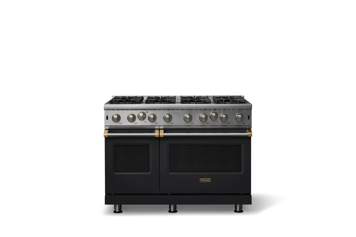 48"W. Open Burner Gas Range (Finish: Onyx, Trim: Brushed Brass, Fuel: Propane)