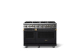 48"W. Open Burner Gas Range (Finish: Onyx, Trim: Brushed Brass, Fuel: Natural Gas)