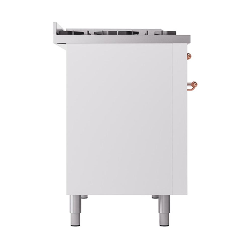 ILVE UN48FQNMPWHPLP Nostalgie II Noblesse 48 inch Dual Fuel Range (8 Sealed Burners + Griddle, Liquid Propane, Solid Door, White, Copper)