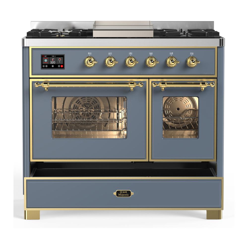 ILVE UMD40FNR3BGG Majestic III 40 inch Dual Fuel Range with 6 Burners and Griddle, Dual Function Burner up to 25,000 BTU (Natural Gas, Triple Glass Door, Blue Grey, Brass)