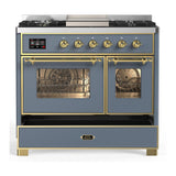 ILVE UMD40FNR3BGG Majestic III 40 inch Dual Fuel Range with 6 Burners and Griddle, Dual Function Burner up to 25,000 BTU (Natural Gas, Triple Glass Door, Blue Grey, Brass)