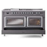ILVE UN60FSNMPMGC Nostalgie II Noblesse 60 inch Dual Fuel Range (7 Sealed Burners + Griddle + French Top, Natural Gas, Triple Glass Door, Graphite Matte, Chrome)