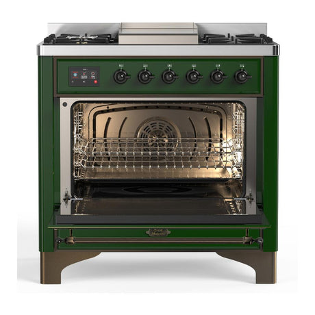 ILVE UM36FNR3EGB Majestic III 36 inch Dual Fuel Range with 6 Black Brass Burners and Griddle, Dual Function Burner up to 25,000 BTU (Triple Glass Door, Emerald Green, Burnished, Natural Gas)
