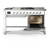 ILVE UM60FSQNR3WHCLP Majestic III 60 inch Dual Fuel Range with 7 Burners, Griddle and French Top, Dual Function Burner with up to 25,000 BTU (Liquid Propane, Solid Door, White, Chrome)