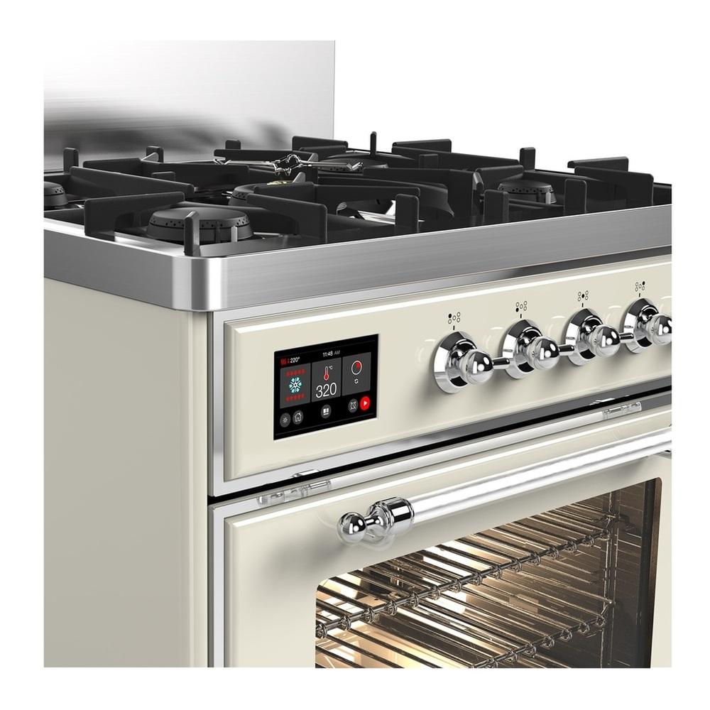 ILVE UM30NR3AWCLP Majestic III 30 inch Dual Fuel Range with 5 Black Brass Burners, Dual Function Burner up to 25,000 BTU (Liquid Propane, Triple Glass Door, Antique White, Chrome)