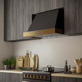 Forno Vittorio 36-Inch Wall Mount Range Hood, Black with Antique Brass Trim, 600 CFM Airflow, Dishwasher-Safe Baffle Filters, Remote Control, 3-Speed Fan, Bright LED Lighting.