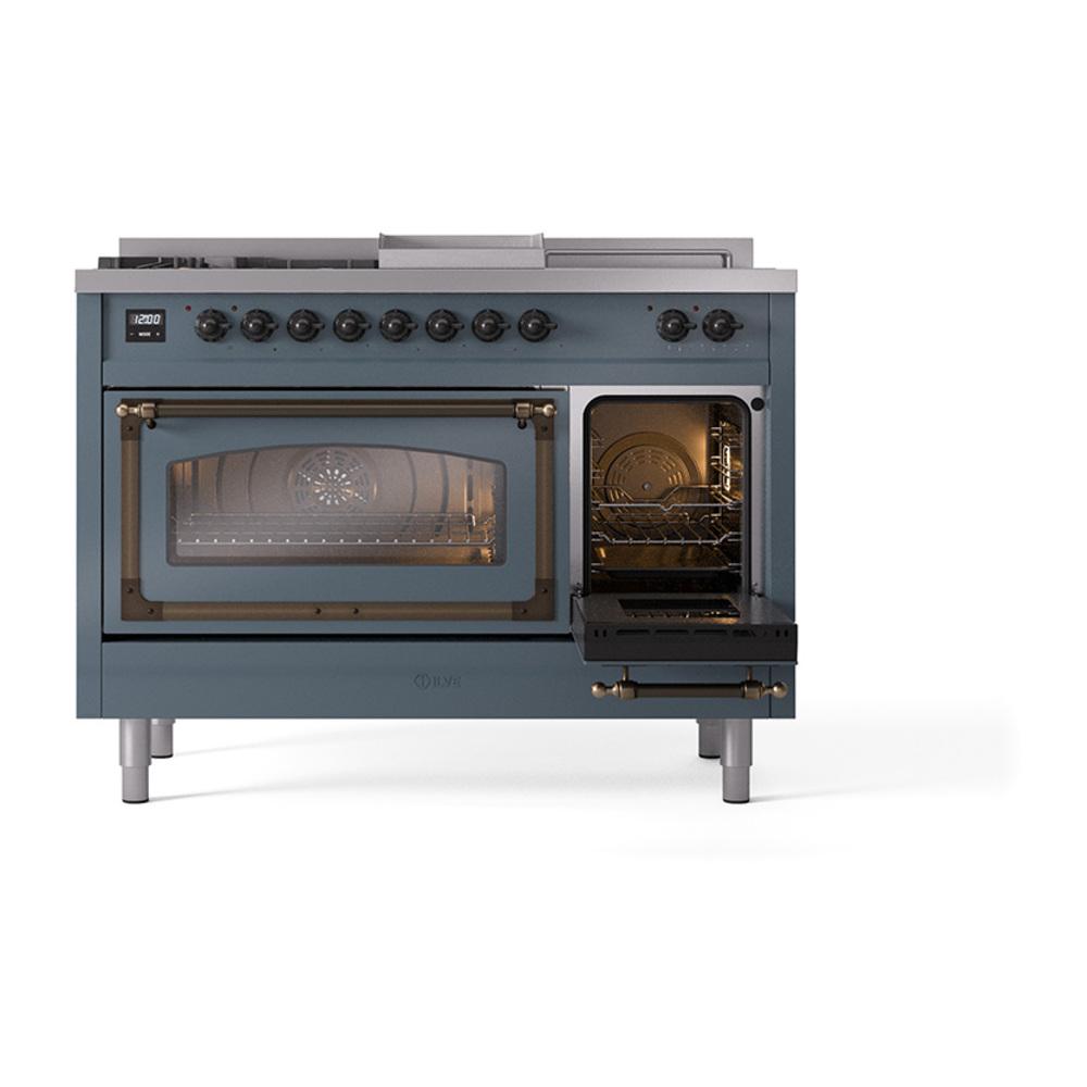 ILVE UN48FSNMPBGBLP Nostalgie II Noblesse 48 inch Dual Fuel Range (5 Sealed Burners + Griddle + French Top, Liquid Propane, Triple Glass Door, Blue Grey, Burnished)