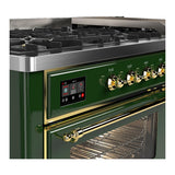 ILVE UM60FNR3EGG Majestic III 60 inch Dual Fuel Range with 9 Burners and Griddle, Dual Function Burner up to 25,000 BTU (Natural Gas, Triple Glass Door, Emerald Green, Brass)