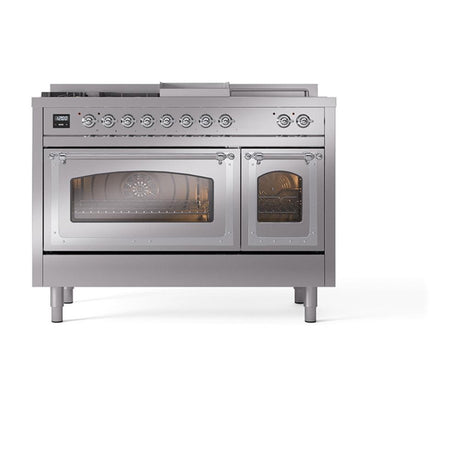 ILVE UN48FSNMPSSCLP Nostalgie II Noblesse 48 inch Dual Fuel Range (5 Sealed Burners + Griddle + French Top, Liquid Propane, Triple Glass Door, Stainless Steel, Chrome)