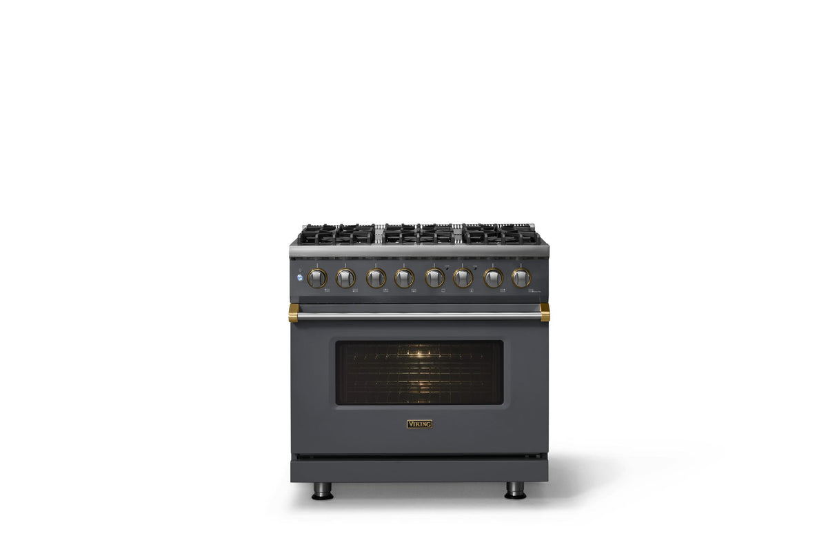 36"W. Dual Fuel Range (Burner: 6b, Finish: Cast Black, Trim: Brushed Brass, Fuel: Propane)