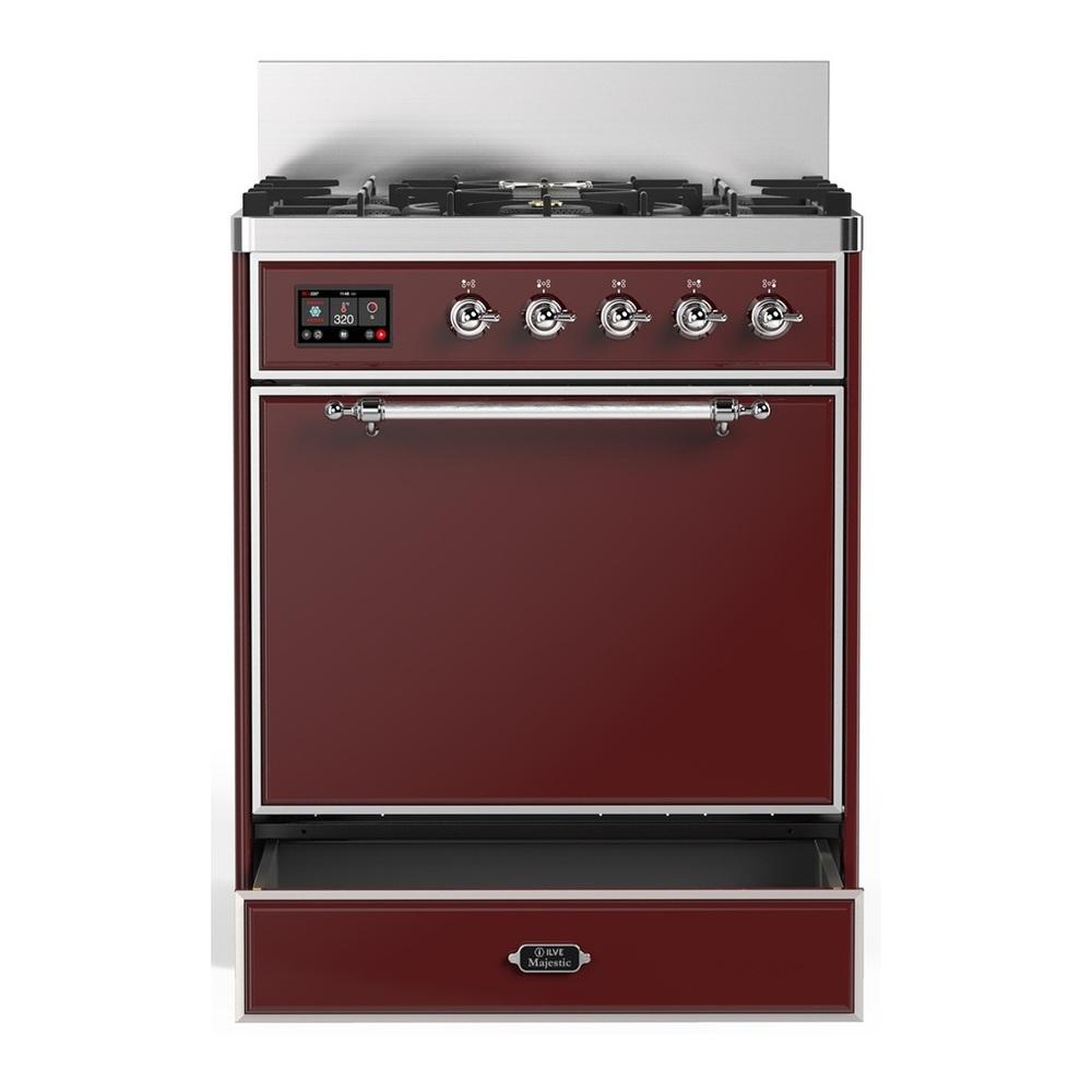 ILVE UM30QNR3BUC Majestic III 30 inch Dual Fuel Range with 5 Black Brass Burners, Dual Function Burner up to 25,000 BTU (Natural Gas, Solid Door, Burgundy, Chrome)