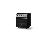 30"W. Open Burner Gas Range (Finish: Onyx, Trim: Brushed Brass, Fuel: Natural Gas)