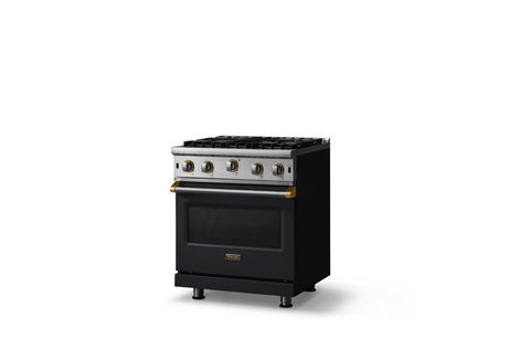 30"W. Open Burner Gas Range (Finish: Onyx, Trim: Brushed Brass, Fuel: Natural Gas)