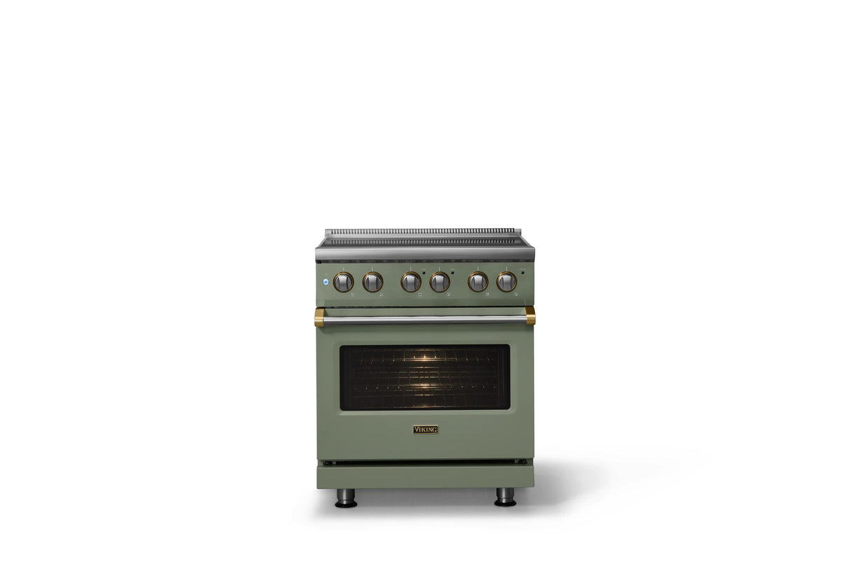 30"W. Electric Range (Finish: Eucalyptus, Trim: Brushed Brass)
