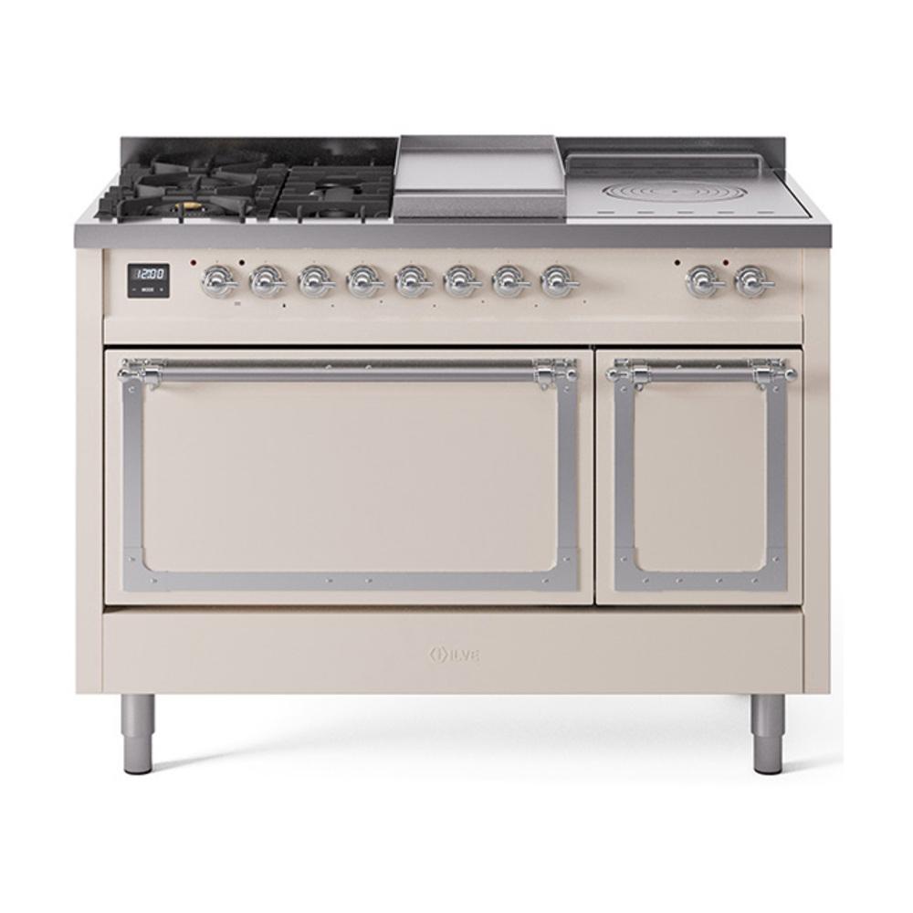 ILVE UN48FSQNMPAWC Nostalgie II Noblesse 48 inch Dual Fuel Range (5 Sealed Burners + Griddle + French Top, Natural Gas, Solid Door, Antique White, Chrome)