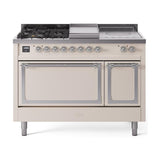 ILVE UN48FSQNMPAWC Nostalgie II Noblesse 48 inch Dual Fuel Range (5 Sealed Burners + Griddle + French Top, Natural Gas, Solid Door, Antique White, Chrome)