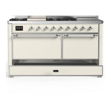 ILVE UM60FSQNR3AWC Majestic III 60 inch Dual Fuel Range with 7 Burners, Griddle and French Top, Dual Function Burner with up to 25,000 BTU (Natural Gas, Solid Door, Antique White, Chrome)