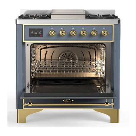 ILVE UM36FNR3BGG Majestic III 36 inch Dual Fuel Range with 6 Black Brass Burners and Griddle, Dual Function Burner up to 25,000 BTU (Triple Glass Door, Blue Grey, Brass, Natural Gas)