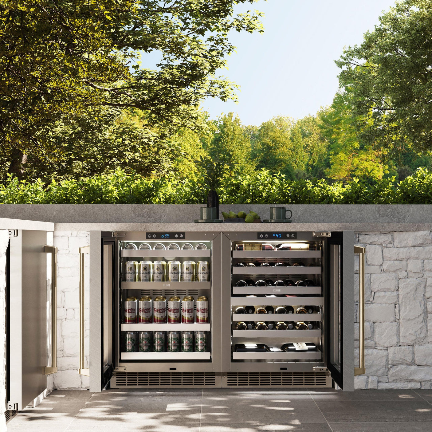 ZLINE Autograph Edition 24 in. Touchstone Dual Zone 44 Bottle Wine Cooler With DuraSnow' Stainless Steel Glass Door And Champagne Bronze Handle (RWDOZ-SN-24-CB)
